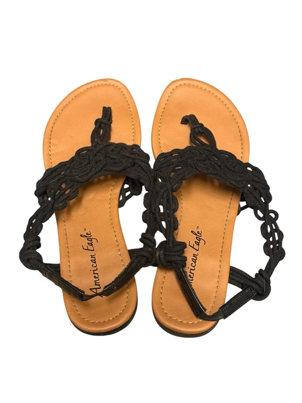 American Eagle Womens Size 8 Black Macrame Crochet Thong Sandals Boho
